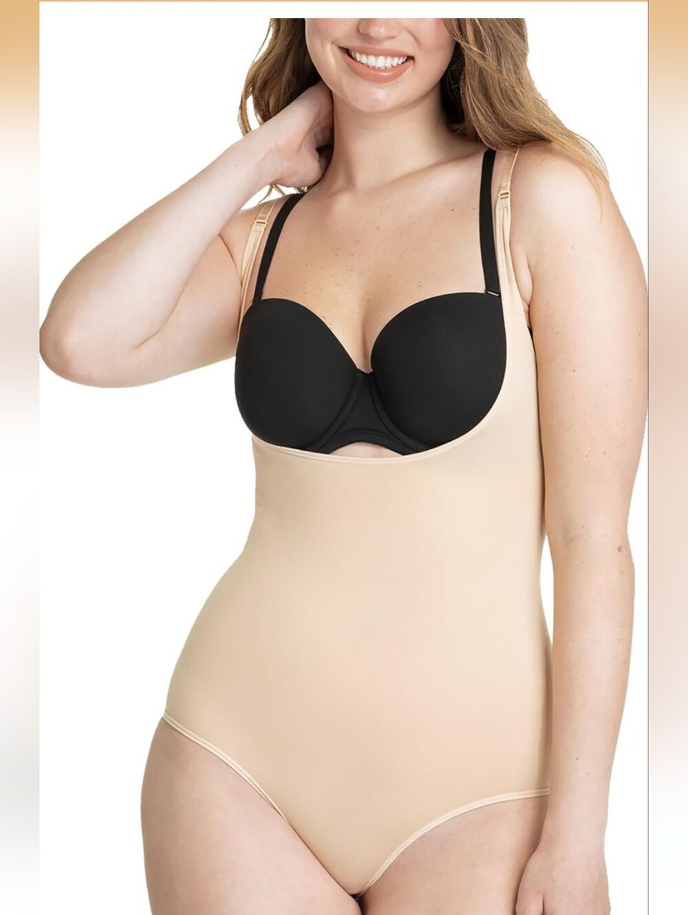 SHAPERMINT Open Bra Bodysuit Brief Leg Panty, Seamless Tummy. Nude- SMALL